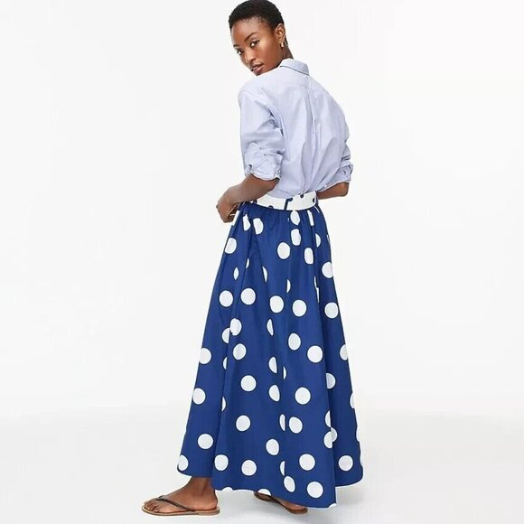 NWT J.Crew Belted Maxi in Blue White Oversized Polka Dot Taffeta Skirt 4 - Picture 5 of 6